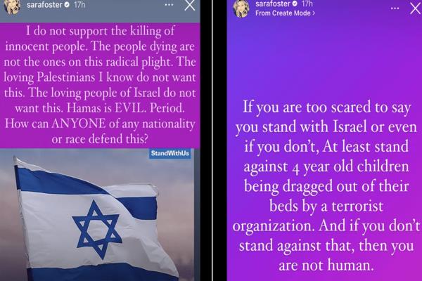 Sara Foster voiced her support for Israel amid the country being attacked by Hamas.
